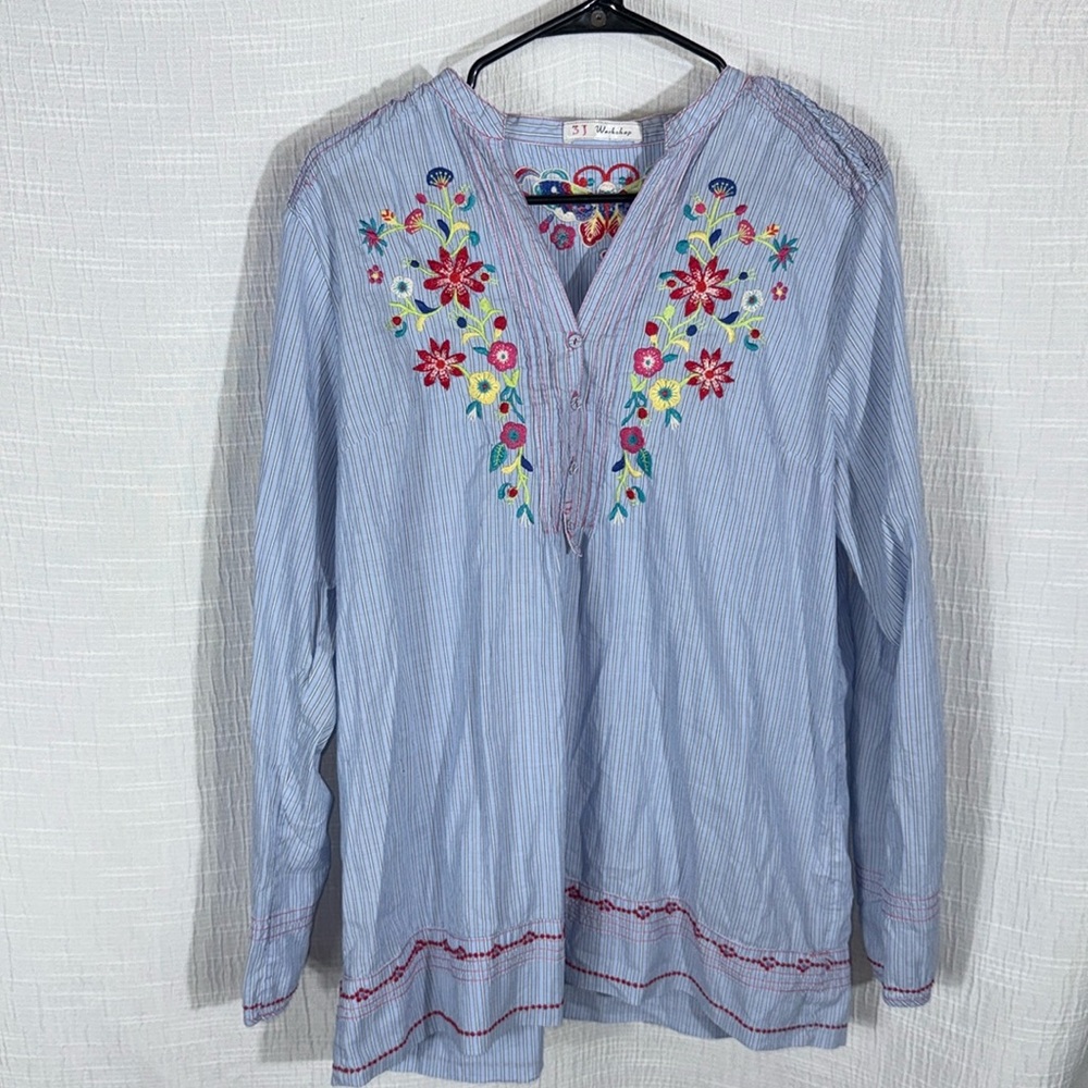 Johnny Was Blue Blouse with Floral Embroidery